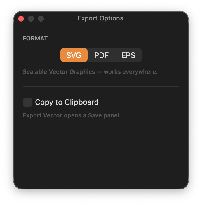 Export Options: FORMAT SVG PDF EPS with SVG selected, Copy to Clipboard unchecked, Export Vector opens a Save panel