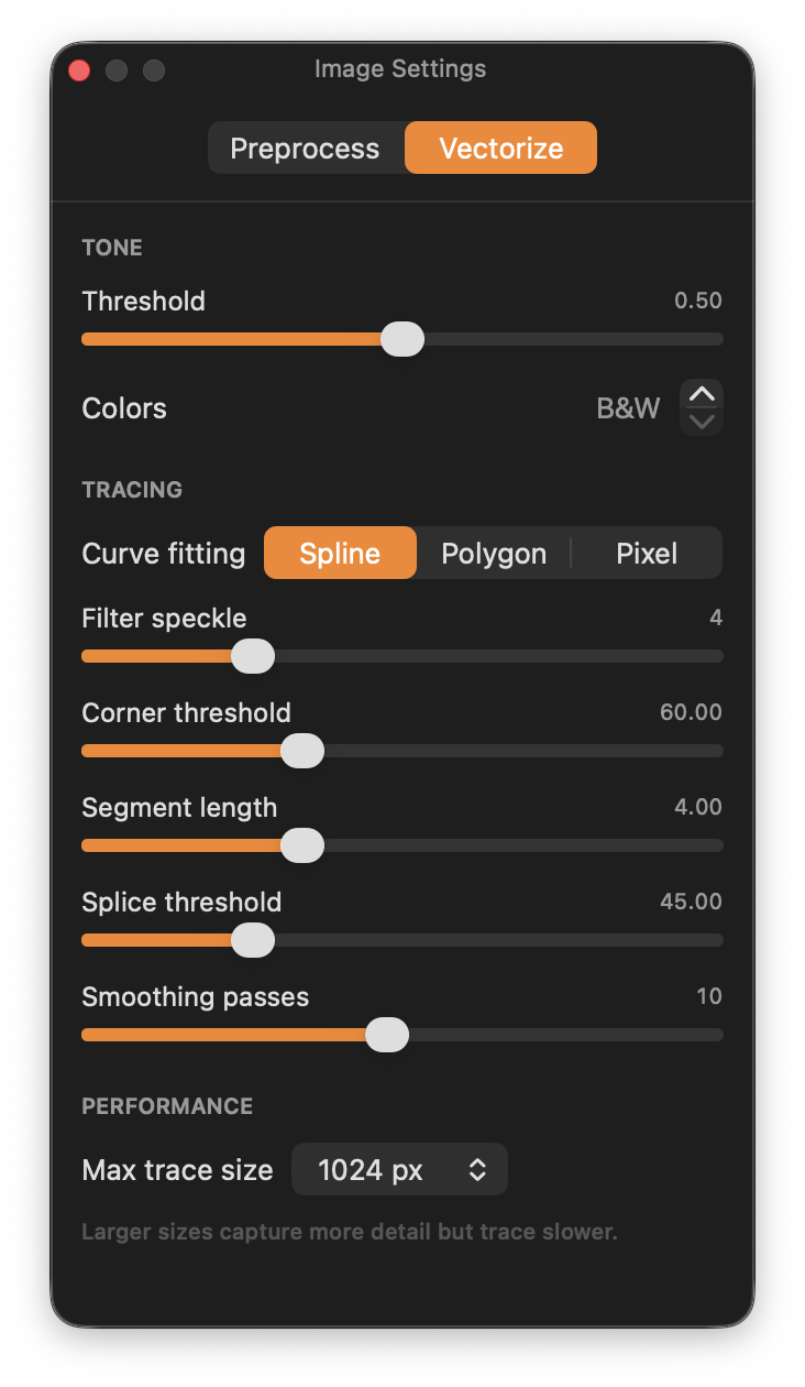 Image Settings Vectorize tab: Tone Threshold 0.50 Colors B and W, Spline curve fitting, Filter speckle 4, Corner 60, Segment 4, Splice 45, Smoothing 10, Max trace size 1024 px